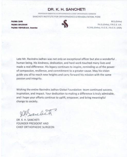 Letter by Dr K H Sancheti